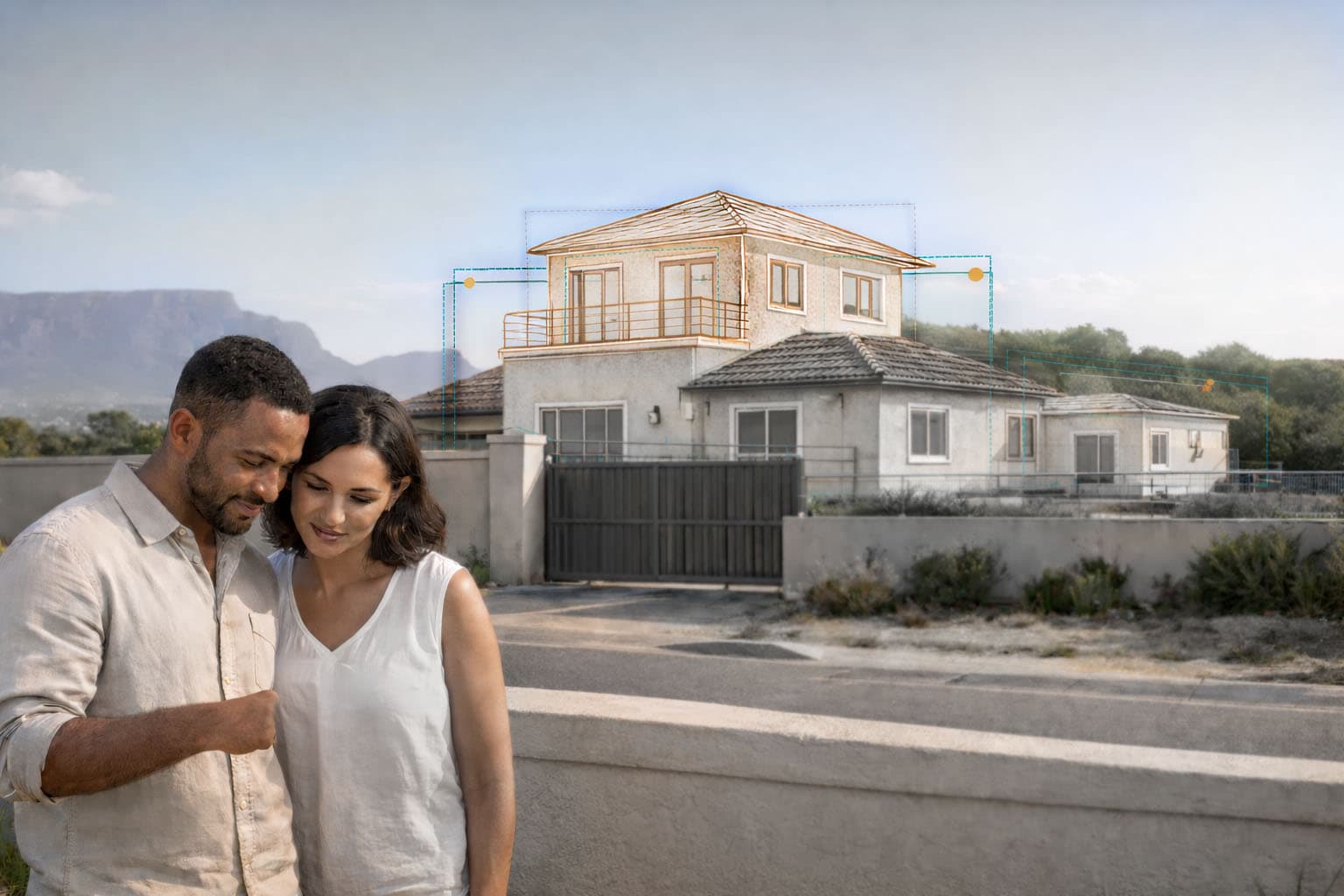 Couple reviewing a Cape Town property with a subtle building overlay